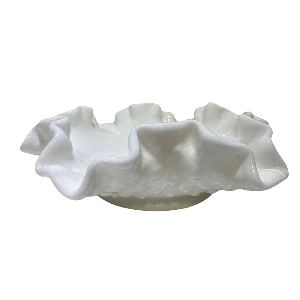 Vintage Fenton White Milk Glass Hobnail Candy Dish Bowl Ruffled Edge Crimped 6"